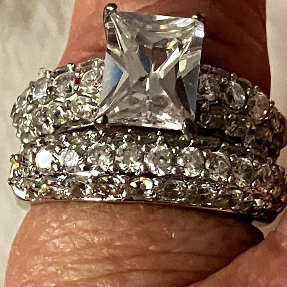 Triple Row Cubic Zirconia Bridal Ring Set Sterling Silver